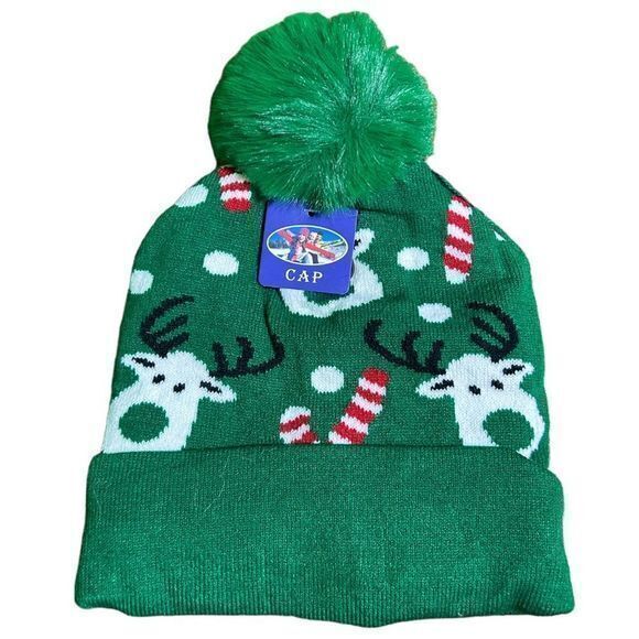 NWT Christmas Reindeer‎ Candy Cane Pom Pom Beanie Green - Picture 1 of 2